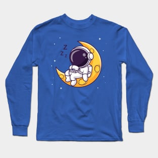 Cute Astronaut Sleeping On Moon Cartoon Long Sleeve T-Shirt